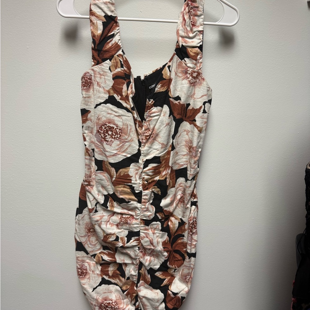 Express Floral Ruched Mini Dress - Black, Cream & Brown